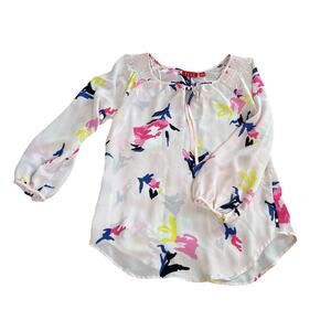 Elle Women’s Top Pink Blue Yellow Floral Long Sleeve Tunic Size Small Pullover
